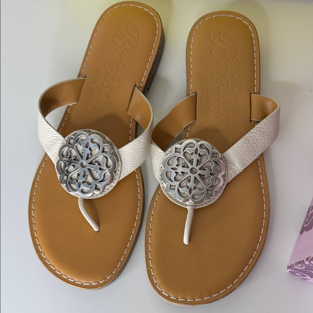 Brighton White Leather Thong Sandals with Silver Medallion Accent